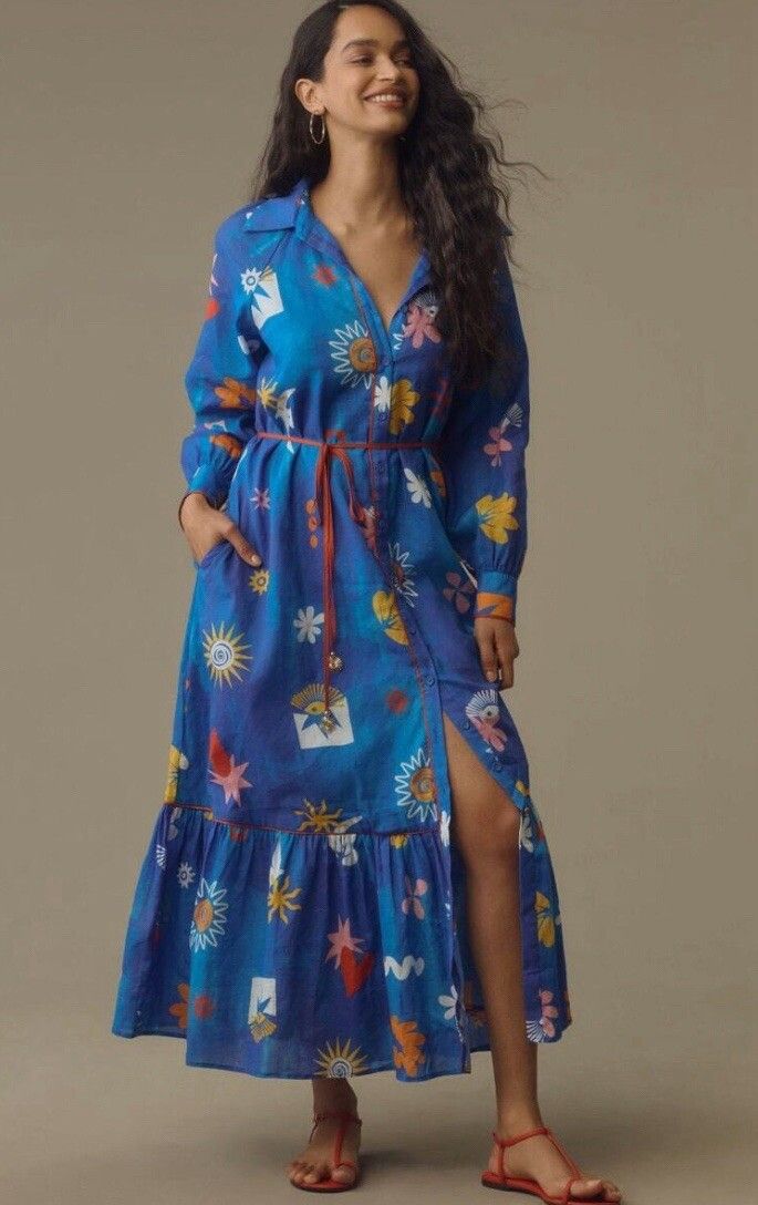 Anthropologie La Maise Studio Shirt Dress Maxi Blue Preppy Boho Retro Sz Xs Nwt